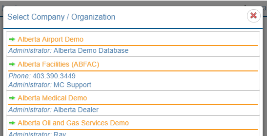 Select Company Screen or Organization